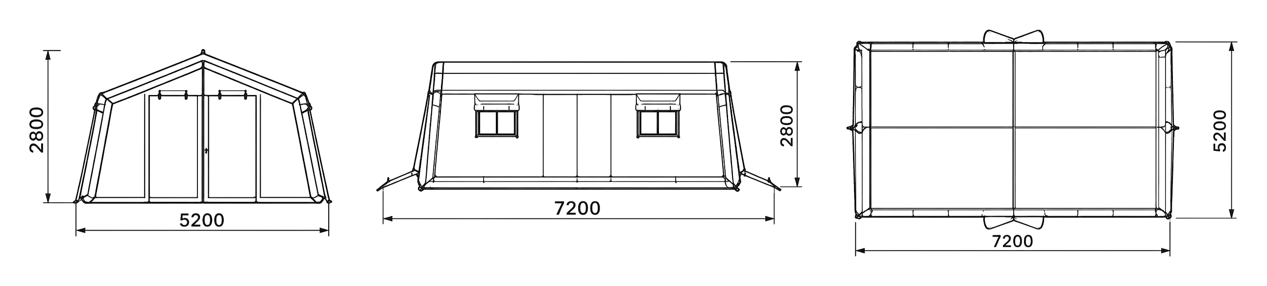 Rzut techniczny namiotu pneumatycznego z wymiarami — 7200 × 5200 × 2800 mm